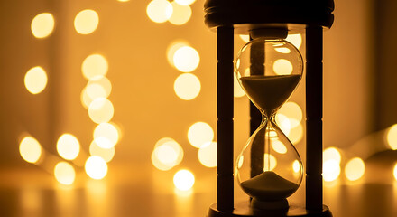 Hourglass with sand flowing against a backdrop of blurred golden lights
