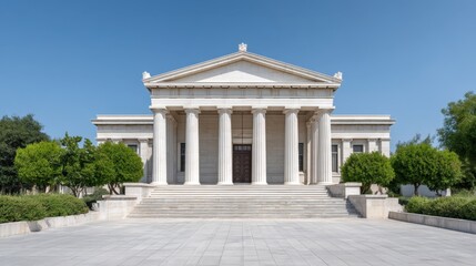 Fototapeta premium Elegant Neoclassical Building with Tall Columns and Clear Blue Sky, Surrounded by Lush Green Shrubs and Symmetrical Pathway in Bright Daylight