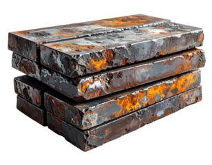 Stacked, rectangular metal pieces showing signs of aging with rust and discoloration on a dark background