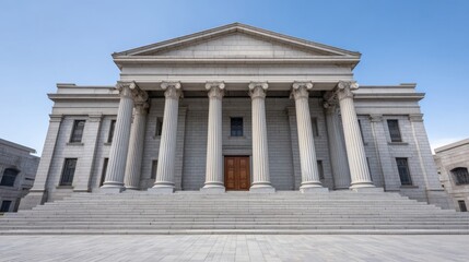 Fototapeta premium Classic Architectural Facade of Historic Government Building with Columns and Steps Under Clear Blue Sky