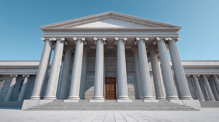 Fototapeta premium Grand Neoclassical Building with Columns and a Large Door Under Clear Blue Sky, Architecture in Urban Environment, Perfect for Legal and Historical Themes
