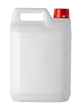 Plastic canister containing liquid with red cap on white background