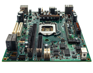 A close-up view of a green electronic circuit board with various components and connectors