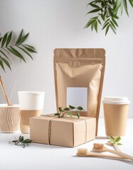 Blank eco-friendly packaging with green leaves.
