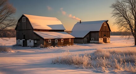 Winter scene of two snow covered barns under a clear sky at sunset