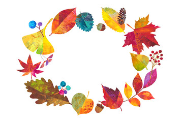 秋の紅葉した落ち葉や木の実でデザインした円形フレーム。カラフルなペインティングテクスチャのイラスト。