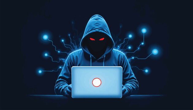 Sinister hacker with glowing red eyes and laptop cybersecurity