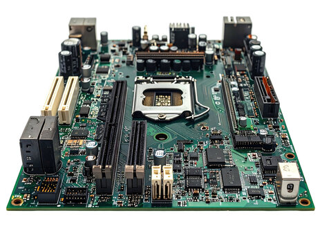 A close-up view of a green electronic circuit board with various components and connectors