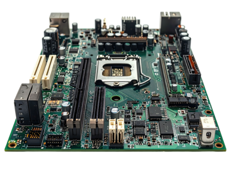 A close-up view of a green electronic circuit board with various components and connectors