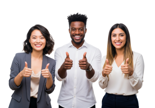 Business team showing thumbs up and smiling isolated on white or transparent background