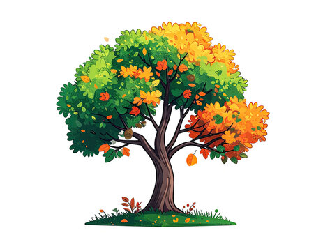 Stylized tree illustration with vibrant green and orange leaves, suggesting a transition