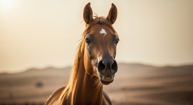 Arabian stallion front view showcasing intensity and energy, its expressive eyes and flared nostrils a focal point. Close up Arabian stallion against blurred desert background.