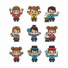 Cute Cartoon Magician Kids Set: Boys and Girls Performing Magic Tricks, Illusion, and Circus Acts.