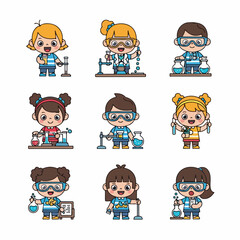 Collection of cute cartoon kids wearing goggles and performing chemistry experiments with lab equipment, isolated vector illustration set.