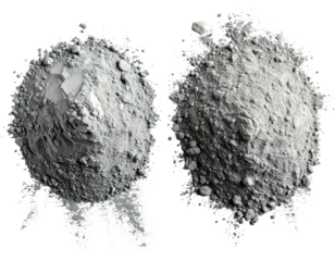 Two close-up, isolated heaps of gray powder, with irregular shapes, textures, and small stones