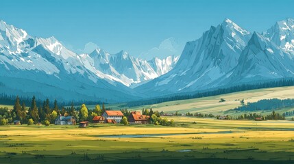 Idyllic Alpine Village Nestled Beneath Majestic Snow-Capped Peaks Under a Clear Blue Sky