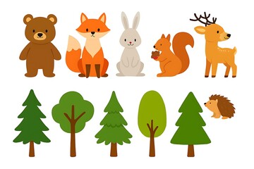 Fototapeta premium Cartoon illustration of forest animals and trees, including a bear, fox, rabbit, squirrel, deer, hedgehog, and various types of trees.