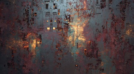 Abstract industrial wall with rust, metallic decay, and glowing light patches creating a futuristic grunge texture and moody cyberpunk atmosphere.
