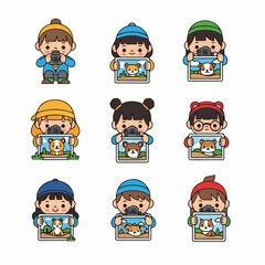 Nine Cartoon Children Photographers Taking Pictures and Displaying Photos of Cute Animals on a White Background.