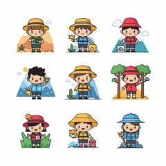 Kawaii vector illustration set of children explorers hiking and discovering nature in different environments, including mountains, forests, and deserts.