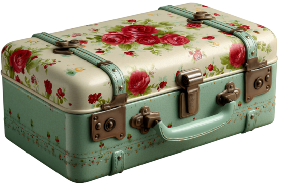 Vintage floral suitcase with red roses pattern and mint green base isolated on white background.