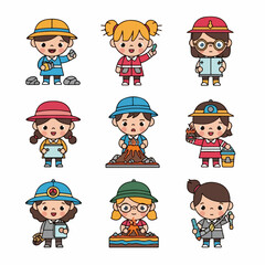 Adorable set of cartoon children learning about earth science, geology, and archaeology, engaging in scientific experiments and fieldwork.
