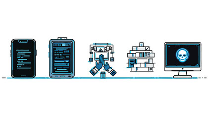 Technology Icons Representing Cybersecurity and Data Processing Keywords: technology