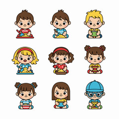 Cute cartoon children playing in the sandbox, happy boys and girls vector illustration set.