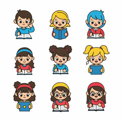 Diverse Cartoon Student Avatars Set: Children Reading, Writing, and Learning.