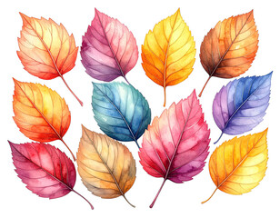 Obraz premium Watercolor illustration of ten stylized, vibrantly colored leaves on a black background