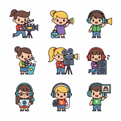 Adorable Cartoon Children Crew Icons: Filmmaking, Media Production, and Audio Engineers with Cameras and Clapperboards.