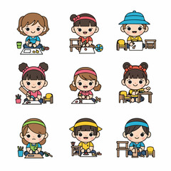 Adorable set of cartoon children engaged in nine different creative arts and crafts activities, perfect for educational design.