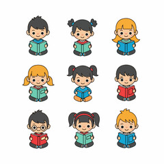 Cute cartoon children reading books set, happy boys and girls learning and studying, diversity vector illustration on white background.