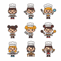 Obraz premium Adorable Collection of Kawaii Professional Chef and Baker Characters Holding Cooking Tools and Baked Goods Vector Illustration