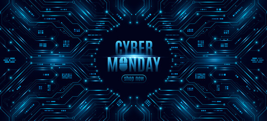 Naklejka na ściany i meble Futuristic banner for Cyber Monday sale. Glowing blue circuit board and electronic elements on a dark background. Digital technology design for online shopping. Vector illustration.