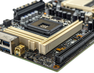 Close-up angled shot of a computer motherboard featuring connectors and various components