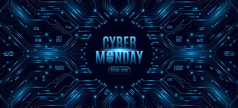 Futuristic banner for Cyber Monday sale. Glowing blue circuit board and electronic elements on a dark background. Digital technology design for online shopping. Vector illustration.