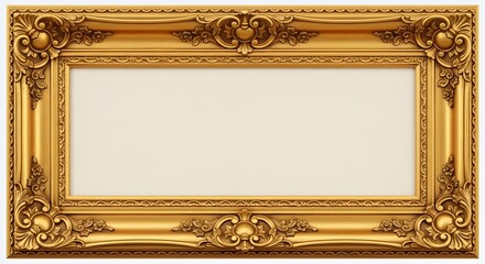 Ornate gold picture frame with intricate details and a white background
