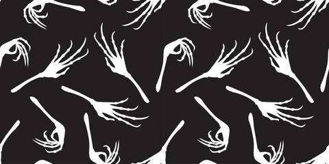 Palm hands of human skeletons silhouettes, seamless pattern, halloween background, paper, wallpaper, fabric, vector illustration
