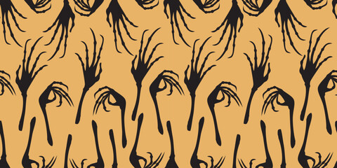 Palm hands of human skeletons silhouettes, seamless pattern, halloween background, paper, wallpaper, textile, vector illustration