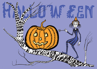 Pumpkin lantern, little witch with magic wand,  tree branch, Halloween greeting card, vector illustration