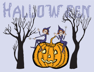 Two small witches sitting on pumpkin, trees silhouettes, text, halloween greeting card, vector illustration