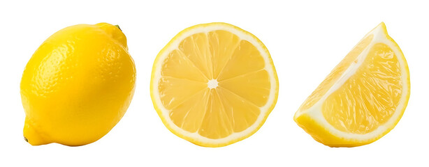 ripe lemon fruit half and slices isolated, Fresh and Juicy Lemon, transparent png, cut out.