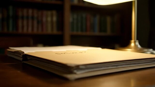 Detective case file with solved word on folder, investigation and mystery concept, dark academia footage