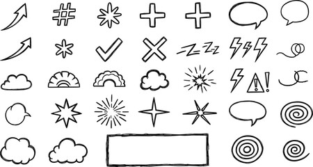 Hand-drawn graphic elements for design and illustration Arrows, speech bubbles, and symbols