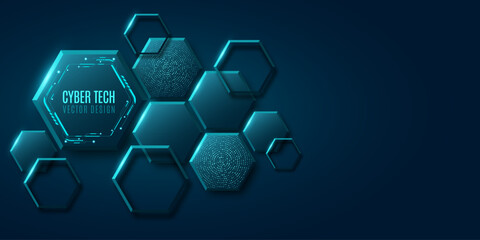 Futuristic 3d hexagons textured with electronic circuit pattern and glittering dots with blue highlights on dark background. Abstract hi-tech design for technology backdrop. Vector illustration.