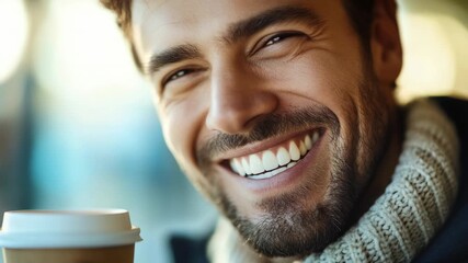 A person smiling while holding a cup of coffee - Powered by Adobe