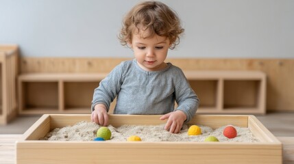 Young child playing joyfully in a wooden sandbox with colorful toys, engaging in sensory play and exploration indoors with soft lighting