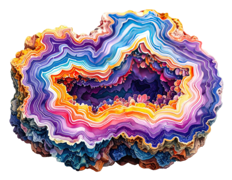 Vivid cross-section of a geode displaying concentric layers and a crystalline interior