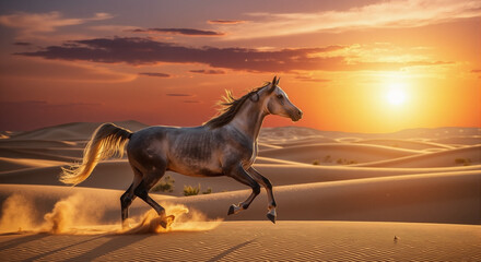 Elegant Arabian horse galloping across desert sand dunes in dynamic motion, dust swirls under powerful hooves. Dramatic sunset sky creates a picturesque backdrop for Arabian horse.